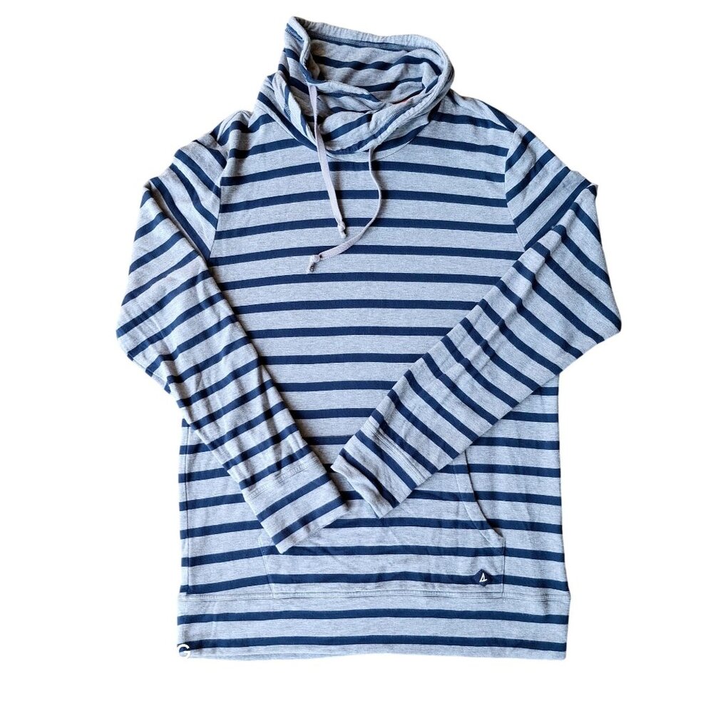 Sperry Striped Cowl Neck Pullover Hoodie Sweatshirt Gray & Navy Size L Soft Cott